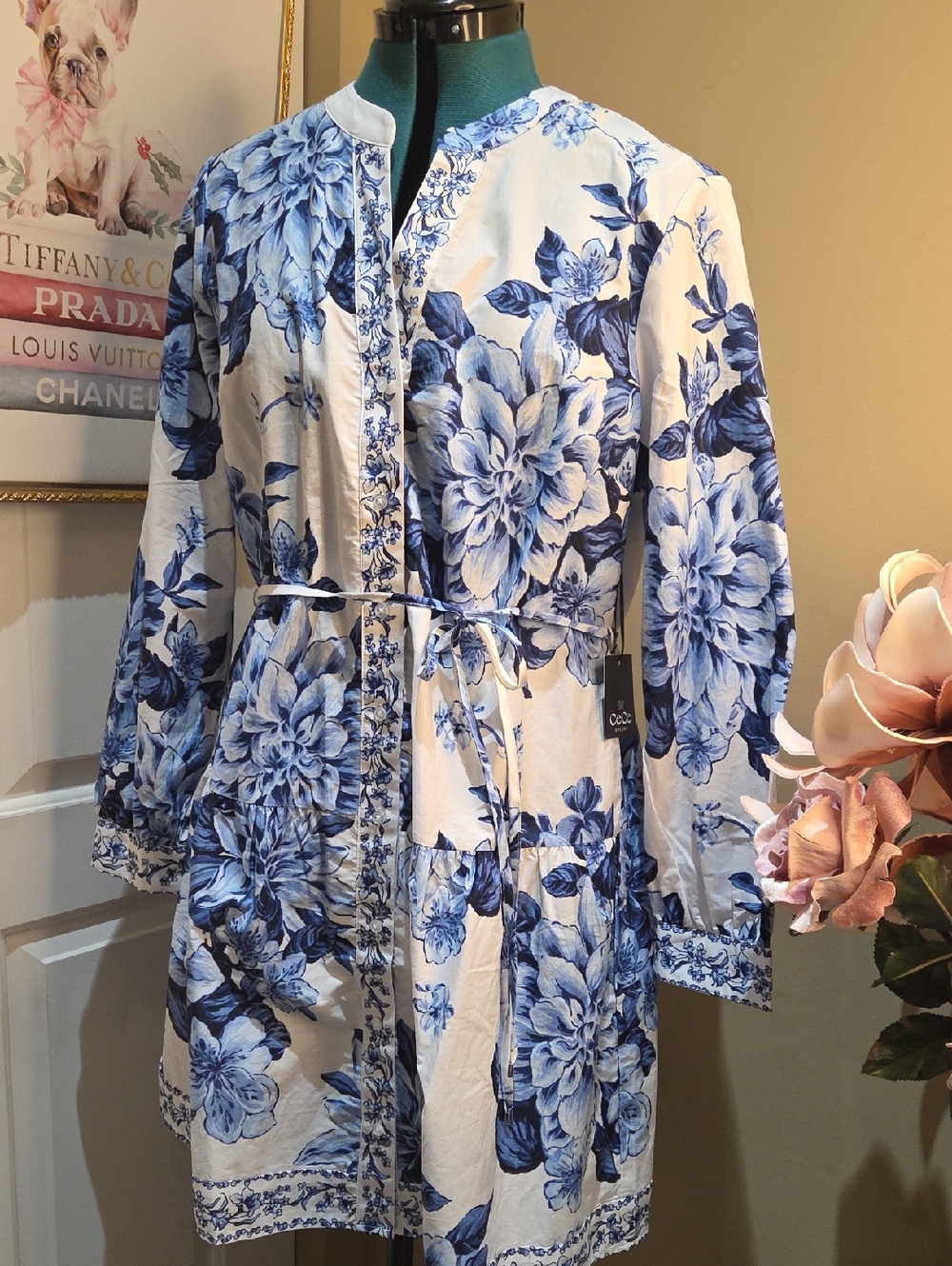 Nwt Large CeCe Blue and White Floral Tie-Waist Midi Dress